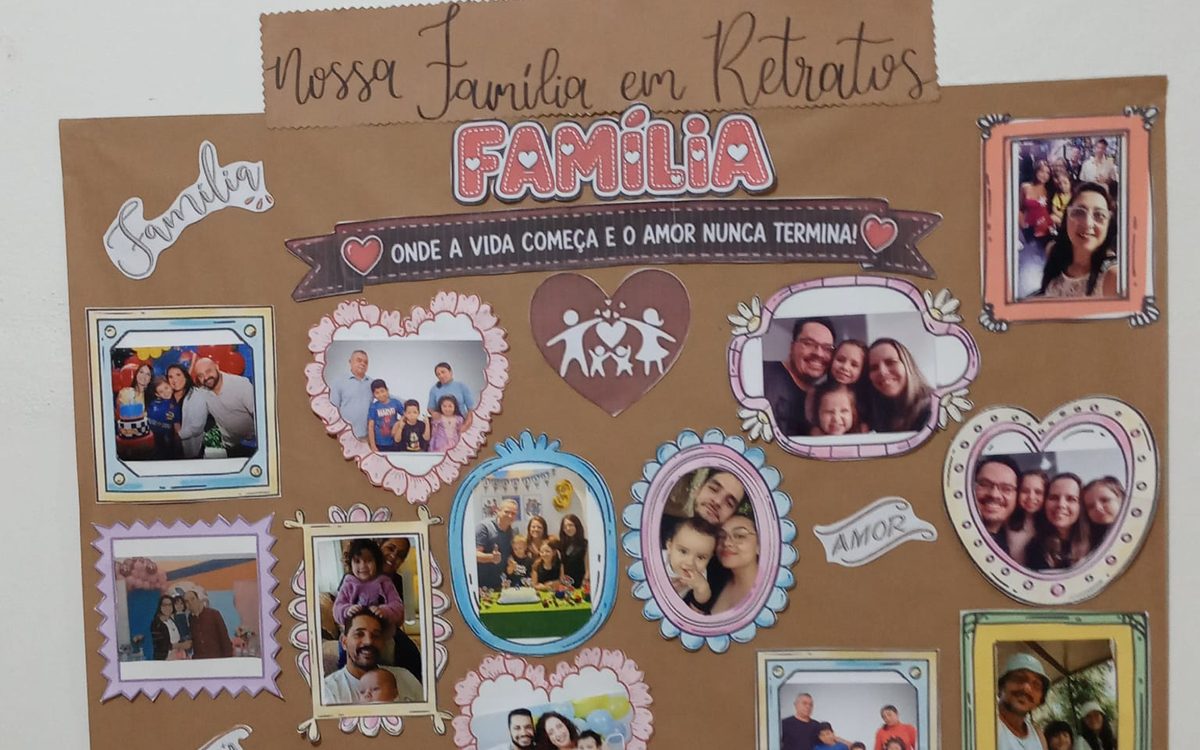 Mural “Nossa família em retratos” com fotos das famílias dos alunos